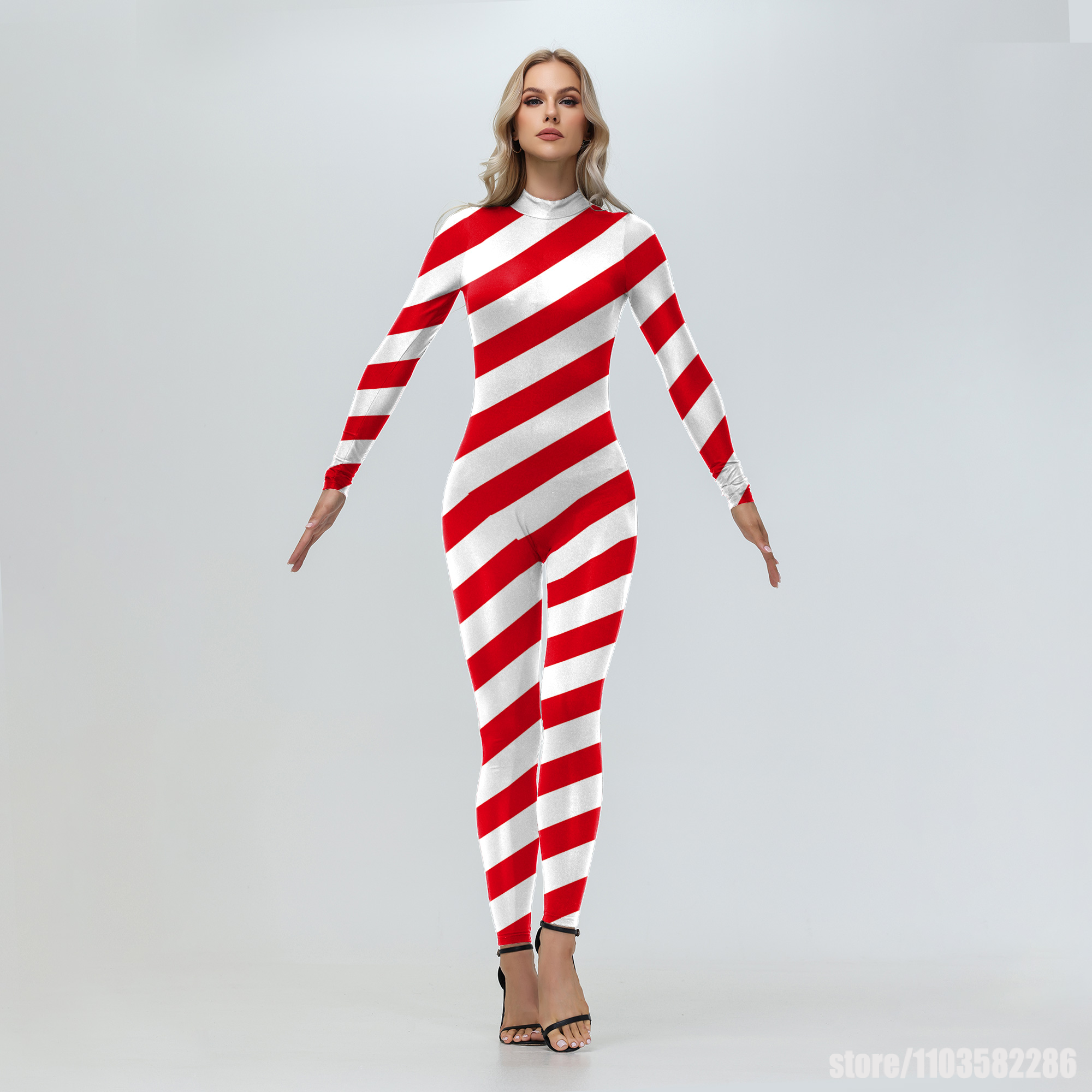 3D Printing Xmas - Women Candy Cane Jumpsuit Red Stripe