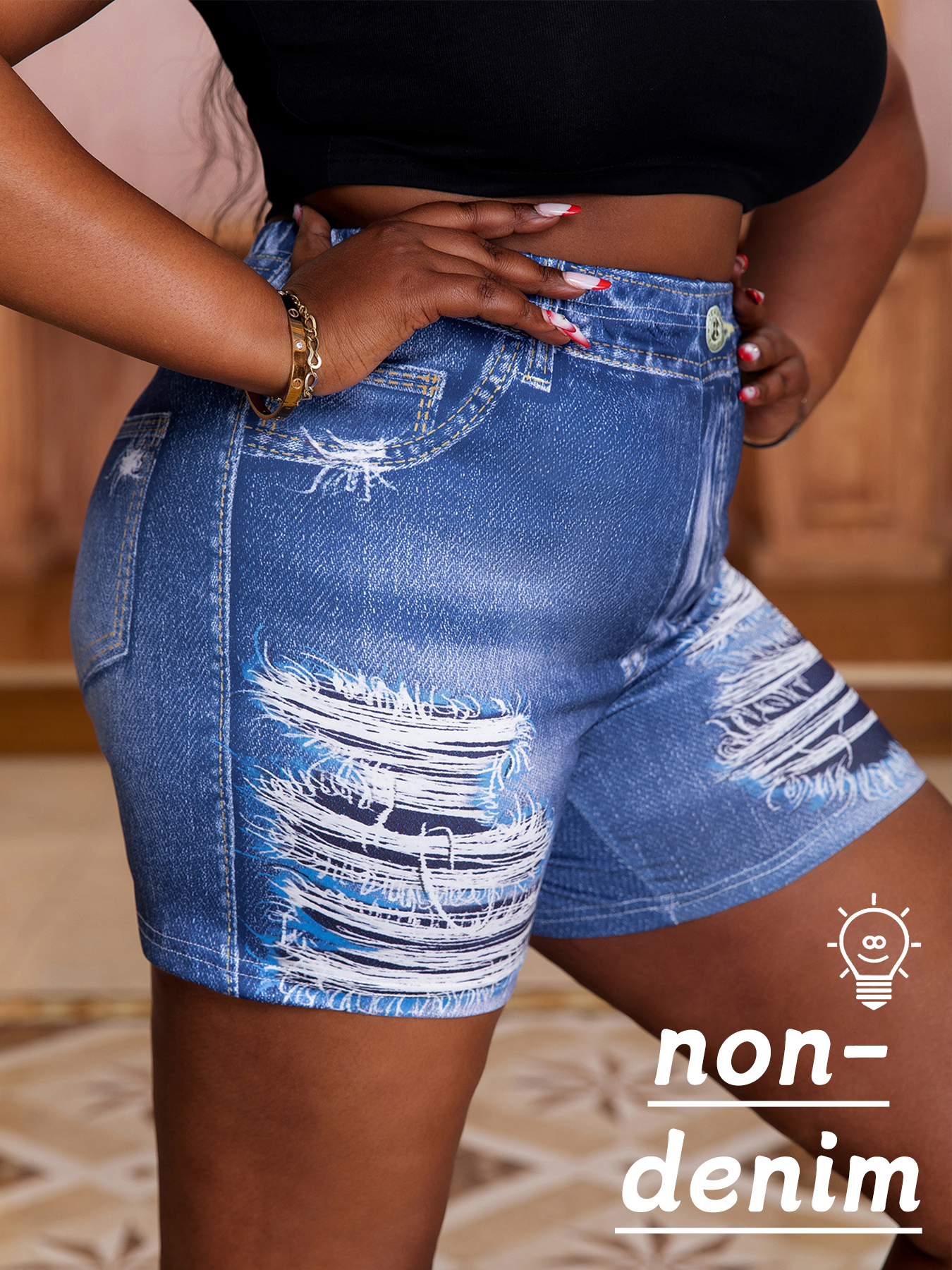 3D Printing Drawing - Plus-size women's shorts imitation jeans printed